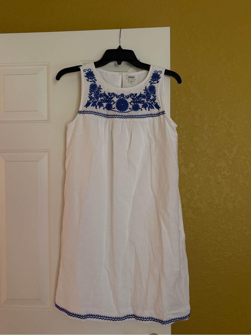 J. Crew White Sleeveless Dress with Blue Floral Embroidery